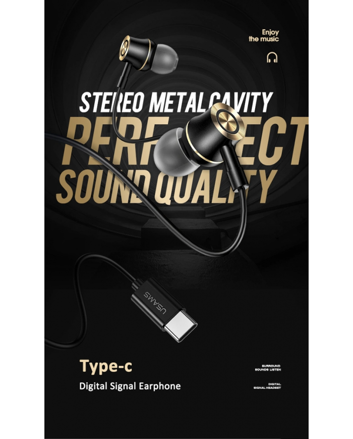 USAMS earphones με μικρόφωνο US-SJ482, Type-C, 10mm, 1.2m, μαύρα