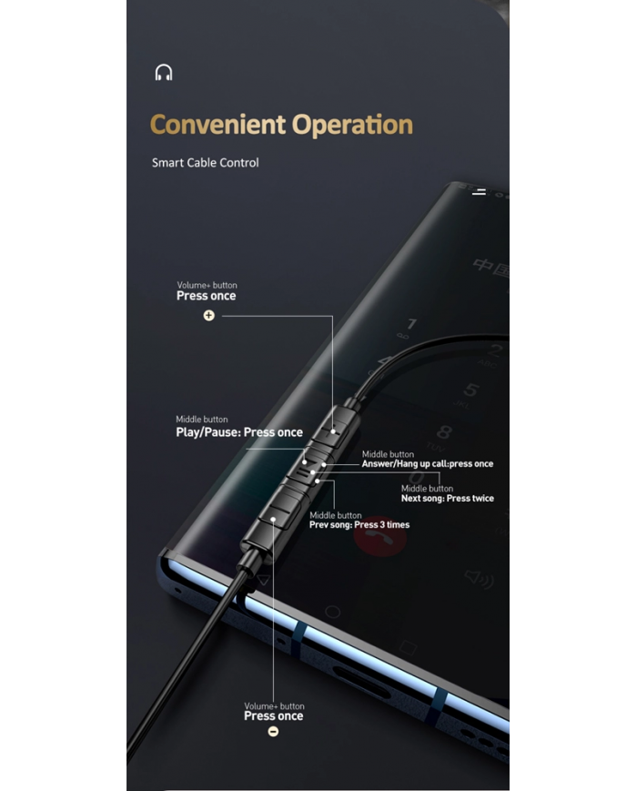 USAMS earphones με μικρόφωνο US-SJ482, Type-C, 10mm, 1.2m, μαύρα