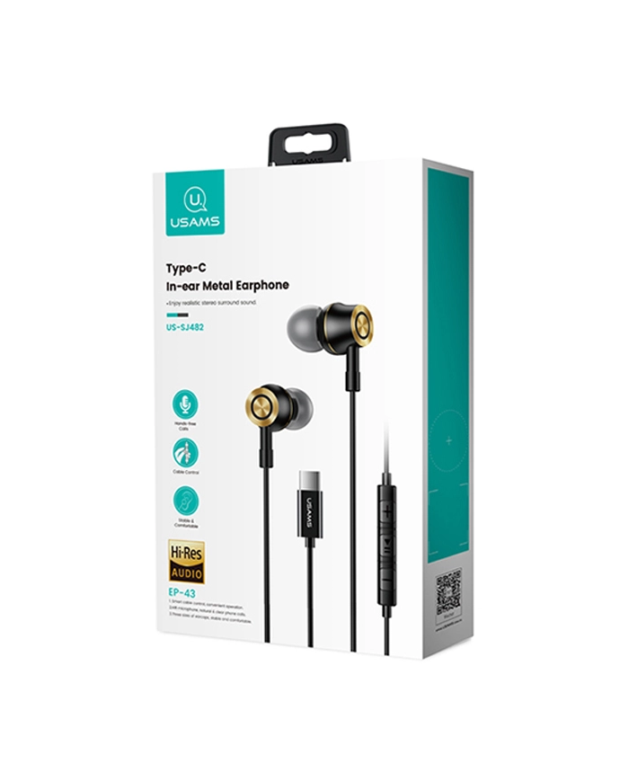 USAMS earphones με μικρόφωνο US-SJ482, Type-C, 10mm, 1.2m, μαύρα