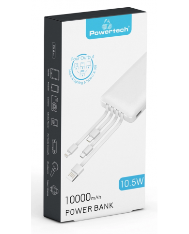 POWERTECH power bank με καλώδια  10000mAh, 10.5W, λευκό POWERTECH power bank με καλώδια  10000mAh, 10.5W, λευκό