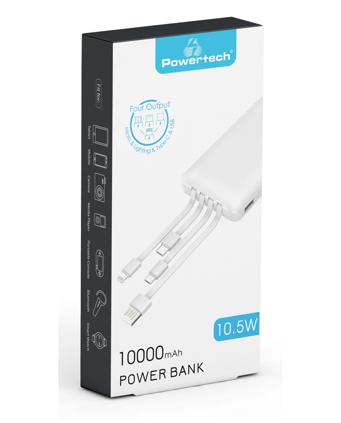 POWERTECH power bank με καλώδια  10000mAh, 10.5W, λευκό