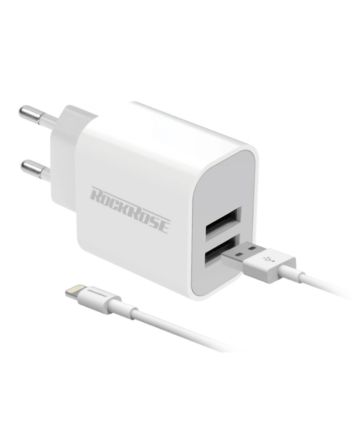 ROCKROSE φορτιστής τοίχου  καλώδιο Lightning, 2xUSB 12W, λευκό