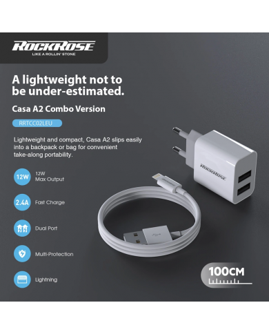 ROCKROSE φορτιστής τοίχου  καλώδιο Lightning, 2xUSB 12W, λευκό