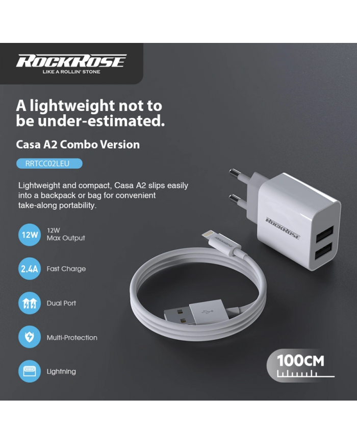 ROCKROSE φορτιστής τοίχου  καλώδιο Lightning, 2xUSB 12W, λευκό