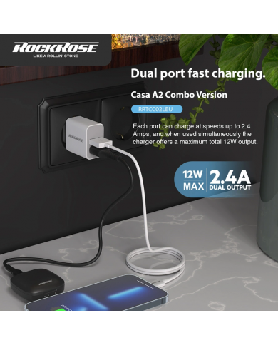 ROCKROSE φορτιστής τοίχου  καλώδιο Lightning, 2xUSB 12W, λευκό