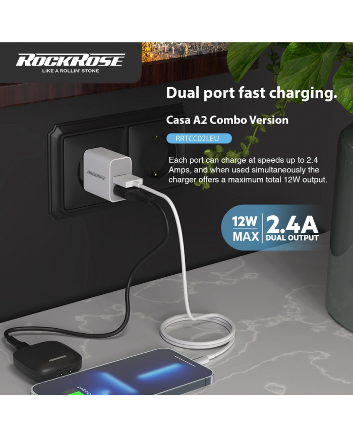 ROCKROSE φορτιστής τοίχου  καλώδιο Lightning, 2xUSB 12W, λευκό