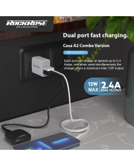 ROCKROSE φορτιστής τοίχου  καλώδιο Lightning, 2xUSB 12W, λευκό