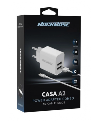 ROCKROSE φορτιστής τοίχου  καλώδιο Lightning, 2xUSB 12W, λευκό