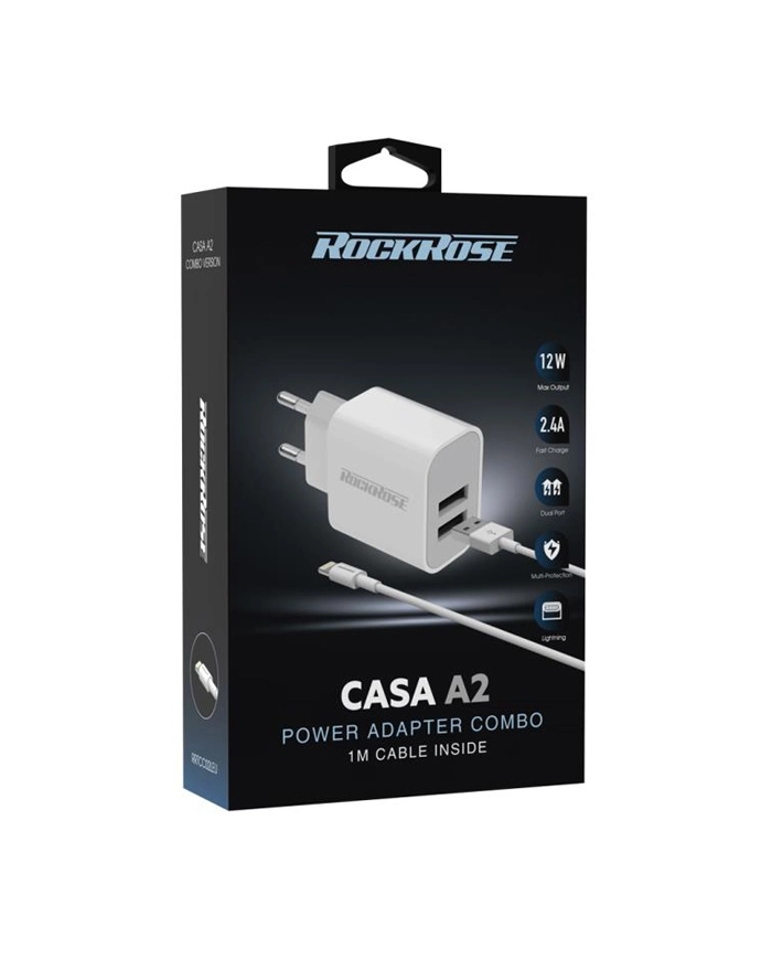ROCKROSE φορτιστής τοίχου  καλώδιο Lightning, 2xUSB 12W, λευκό