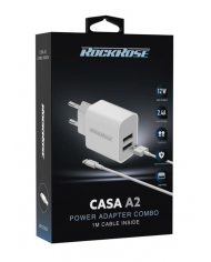 ROCKROSE φορτιστής τοίχου  καλώδιο Lightning, 2xUSB 12W, λευκό