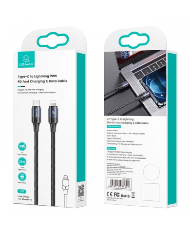 USAMS καλώδιο Lightning σε USB-C US-SJ521, 20W PD, 1.2m, μαύρο USAMS καλώδιο Lightning σε USB-C US-SJ521, 20W PD, 1.2m, μαύρο