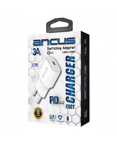 Φορτιστής Ταξιδίου Switching Ancus Supreme Series C70 Fast Charge με USB-C Έξοδο QC 3.0 PD 20W 5V/3A, Λευκό