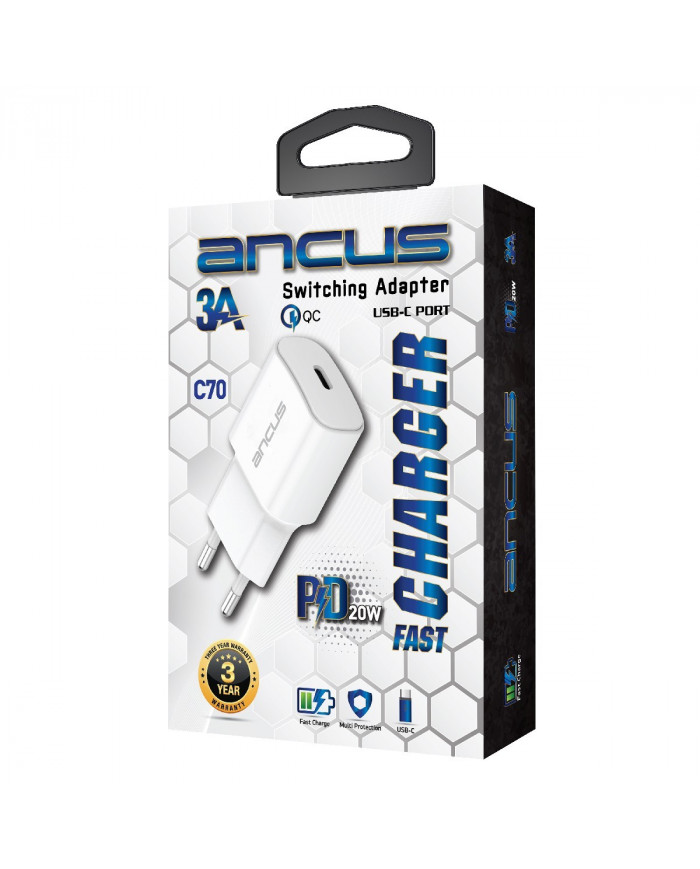 Φορτιστής Ταξιδίου Switching Ancus Supreme Series C70 Fast Charge με USB-C Έξοδο QC 3.0 PD 20W 5V/3A, Λευκό