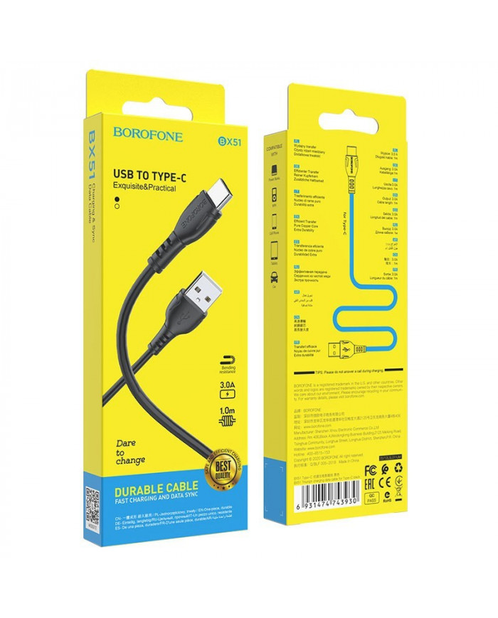 Καλώδιο σύνδεσης Borofone BX51 Triumph USB σε USB-C 2.4A 1μ Μαύρο