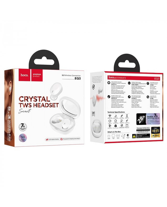 Wireless Hands Free Hoco EQ3 Smart TWS V5.3 με Πλήκτρο Ελέγχου Συμβατό με Siri και 7h Ώρες Λειτουργίας Λευκά