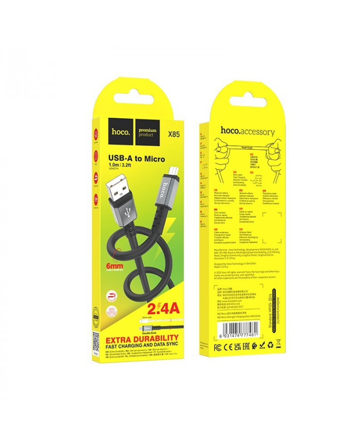 Καλώδιο Σύνδεσης Hoco X85 Strength USB σε Micro-USB 2.4A Μαύρο 1m Υψηλής Αντοχής