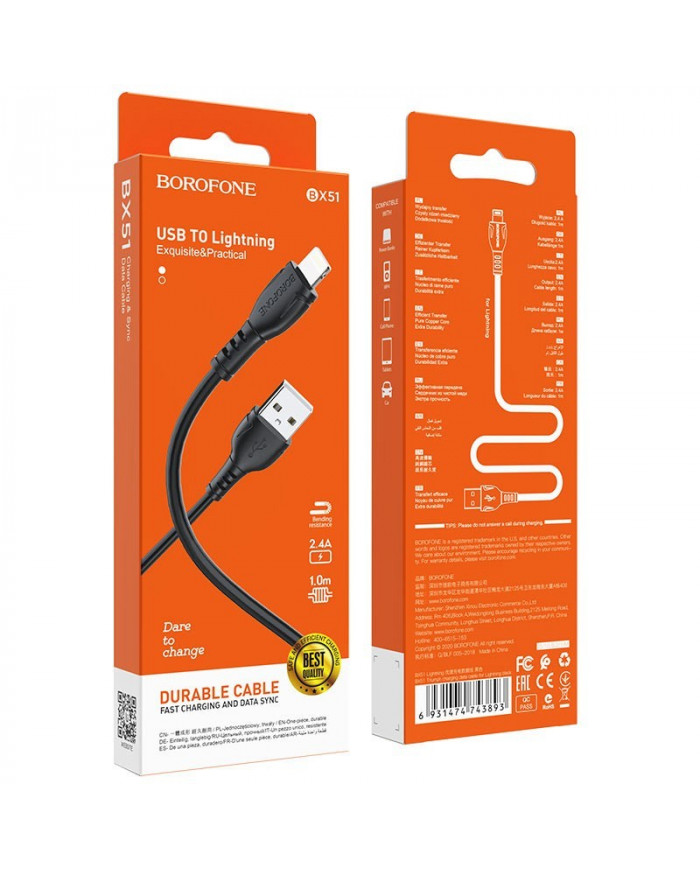 Καλώδιο σύνδεσης Borofone BX51 Triumph USB σε Lightning 2.4A 1μ Μαύρο