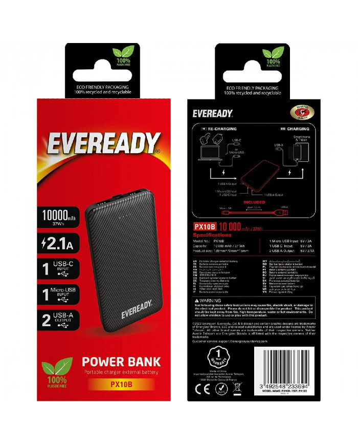 Power Bank Energizer Eveready Slim 10000mAh 2A με 2x USB 2.0 και LED Ένδειξη Μπαταρίας Μαύρο
