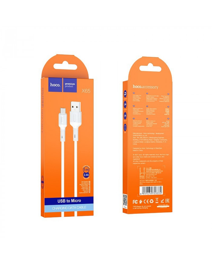 Καλώδιο Σύνδεσης Hoco X65 Prime USB σε Micro USB για Γρήγορη Φόρτιση και Μεταφορά Δεδομένων 2.4A Λευκό 1m