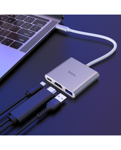 Hub Hoco HB14 Easy use USB-C με 3 Θύρες USB 3.0, USB-C PD, HDMI Ασημί