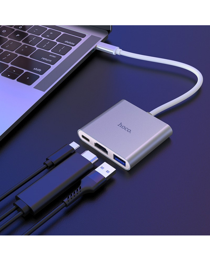 Hub Hoco HB14 Easy use USB-C με 3 Θύρες USB 3.0, USB-C PD, HDMI Ασημί