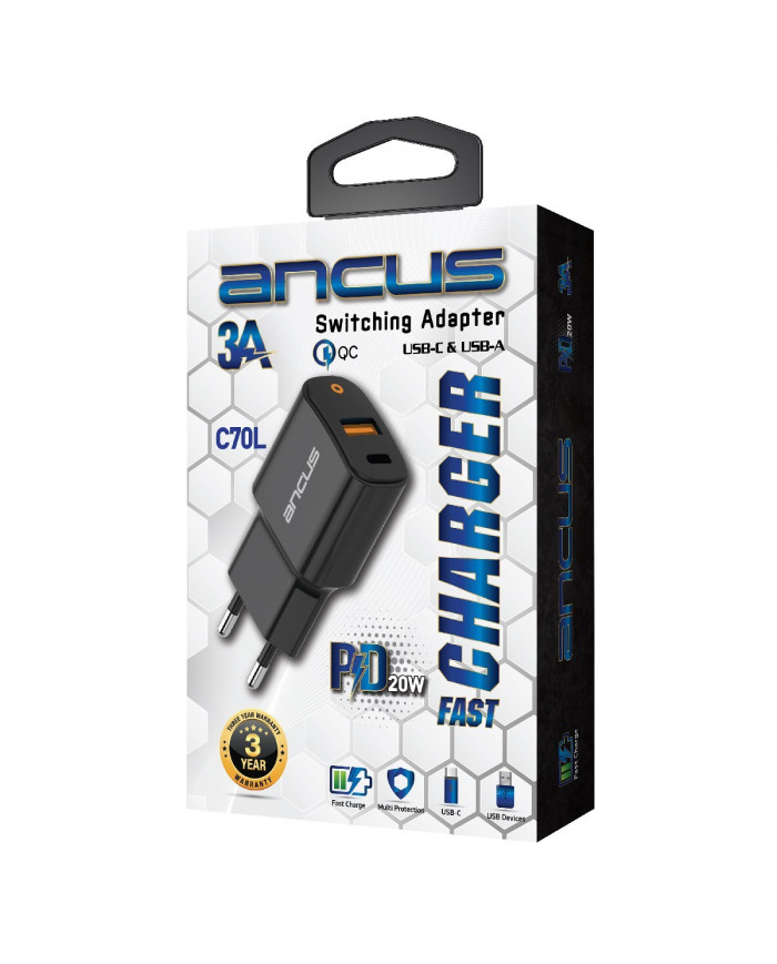 Φορτιστής Ταξιδίου Switching Ancus Supreme Series C70L Dual Fast Charge USB/USB-C Έξοδο QC3.0 PD 20W Μαύρο με LED Φορτιστής Ταξιδίου Switching Ancus Supreme Series C70L Dual Fast Charge USB/USB-C Έξοδο QC3.0 PD 20W Μαύρο με LED