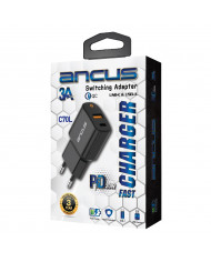 Φορτιστής Ταξιδίου Switching Ancus Supreme Series C70L Dual Fast Charge USB/USB-C Έξοδο QC3.0 PD 20W Μαύρο με LED Φορτιστής Ταξιδίου Switching Ancus Supreme Series C70L Dual Fast Charge USB/USB-C Έξοδο QC3.0 PD 20W Μαύρο με LED