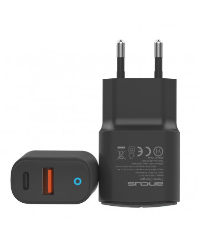 Φορτιστής Ταξιδίου Switching Ancus Supreme Series C70L Dual Fast Charge USB/USB-C Έξοδο QC3.0 PD 20W Μαύρο με LED
