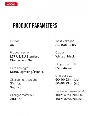XO L57 EU Διπλής Θύρας Φορτιστής Με Micro Καλώδιο Άσπρο