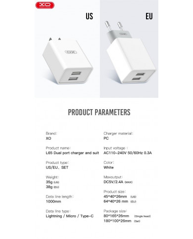 XO  2.4A Διπλής Θύρας USB Φορτιστής Για Lightning