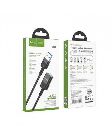 Καλώδιο Προέκτασης Hoco U107 USB Αρσενικό σε USB 3.0 Θηλυκό 3A 5Gbps OTG 1.2m Μαύρο