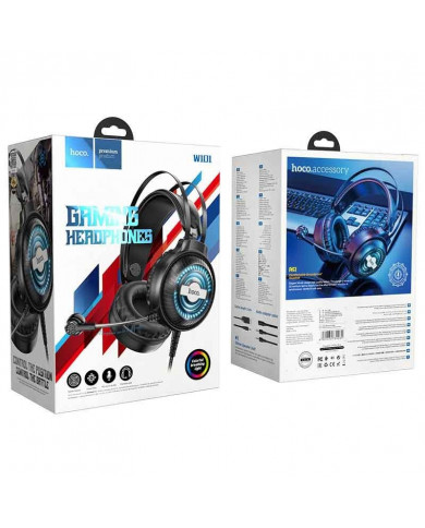 Ακουστικά Stereo Gaming Hoco W101 Streamer σύνδεση διπλού 3.5mm USB με Μικρόφωνο Μεγάλο Καλώδιο LED 7 Χρωμάτων Μαύρο