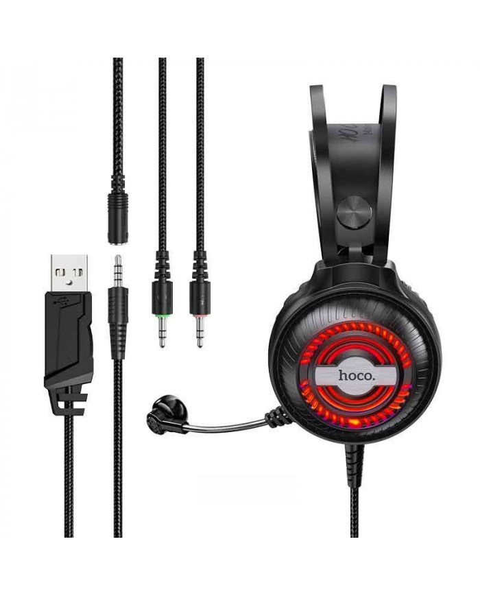 Ακουστικά Stereo Gaming Hoco W101 Streamer σύνδεση διπλού 3.5mm USB με Μικρόφωνο Μεγάλο Καλώδιο LED 7 Χρωμάτων Μαύρο