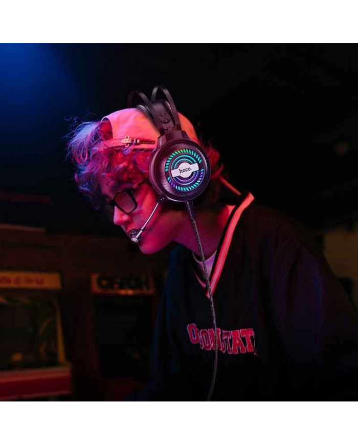 Ακουστικά Stereo Gaming Hoco W101 Streamer σύνδεση διπλού 3.5mm USB με Μικρόφωνο Μεγάλο Καλώδιο LED 7 Χρωμάτων Μαύρο