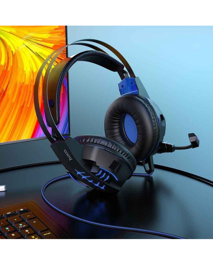 Ακουστικά Stereo Gaming Hoco W102 Cool Tour σύνδεση ενός 3.5mm και USB με Μικρόφωνο και LED Φωτισμό Μαύρο-Μπλε