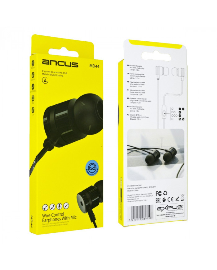 Hands Free Ancus Harmony MD44 in-Earbud Stereo 3.5mm Μαύρο με Μικρόφωνο και Πλήκτρο Λειτουργίας 1,2μ