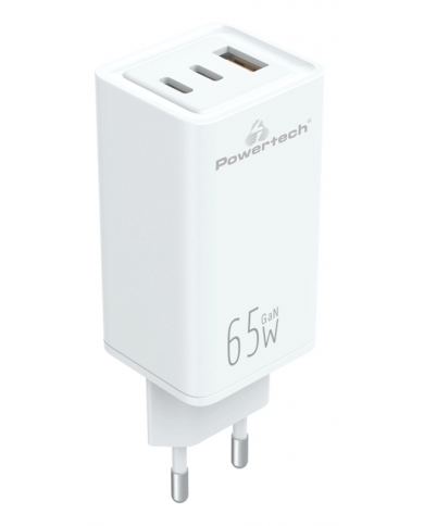 POWERTECH φορτιστής τοίχου, USB & 2x USB-C, 65W, GaN, λευκός