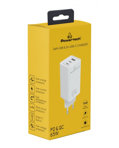 POWERTECH φορτιστής τοίχου, USB & 2x USB-C, 65W, GaN, λευκός