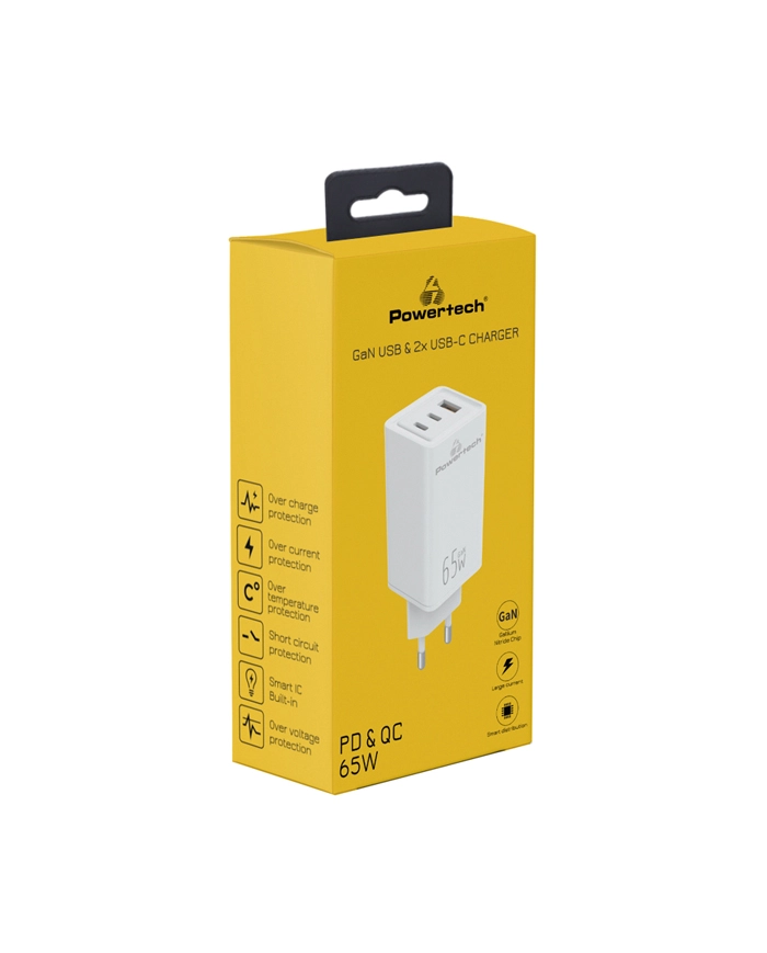 POWERTECH φορτιστής τοίχου, USB & 2x USB-C, 65W, GaN, λευκός POWERTECH φορτιστής τοίχου, USB & 2x USB-C, 65W, GaN, λευκός