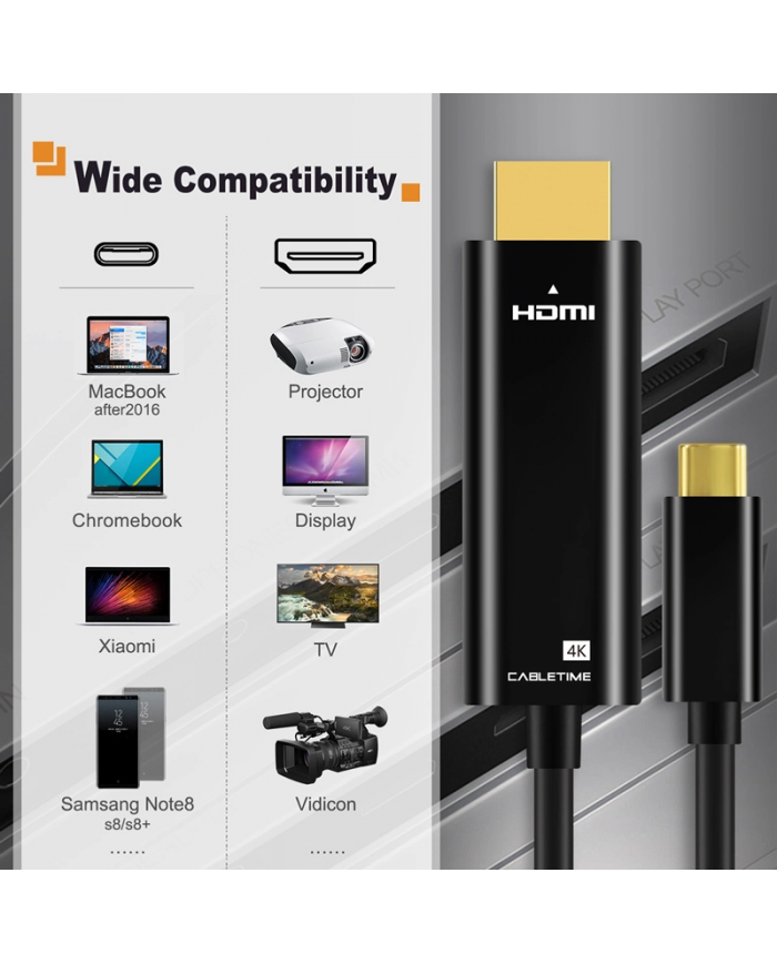 CABLETIME καλώδιο USB-C σε HDMI CT-CMHD, 4K/60Hz, 0.9m, μαύρο