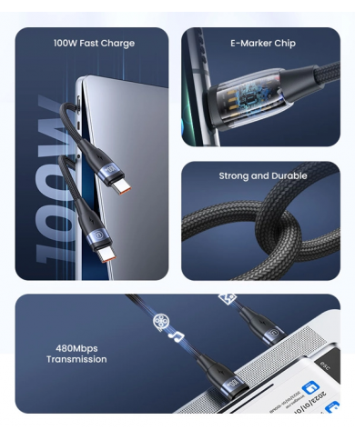 USAMS καλώδιο USB-C σε USB-C US-SJ633, 100W PD, 2m, μαύρο USAMS καλώδιο USB-C σε USB-C US-SJ633, 100W PD, 2m, μαύρο