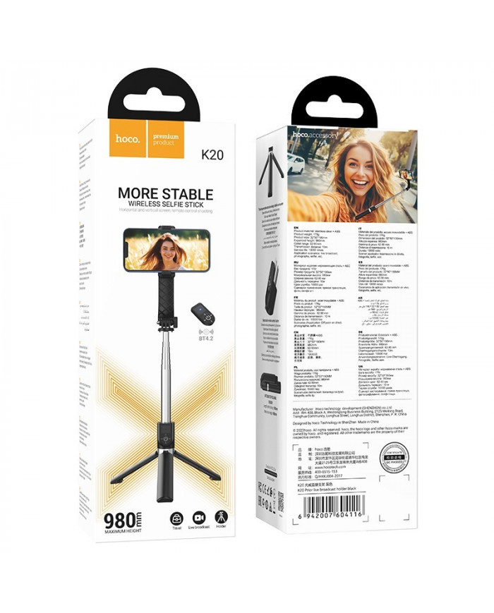 Selfie Stick Hoco K20 Prior για Συσκευές 4.5"-7.0" 70mAh Μήκος 980mm με Τηλεχειριστήριο Μαύρο