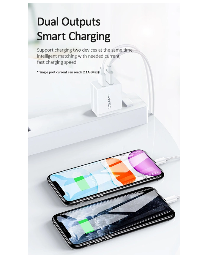 USAMS φορτιστής τοίχου T24 US-CC090, 2x USB, 2.1A, λευκός
