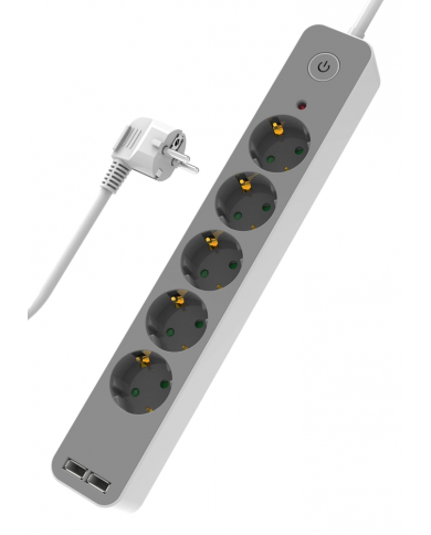 POWERTECH πολύπριζο ασφαλείας  5x schuko/2x USB, 16A, 1.4m, λευκό