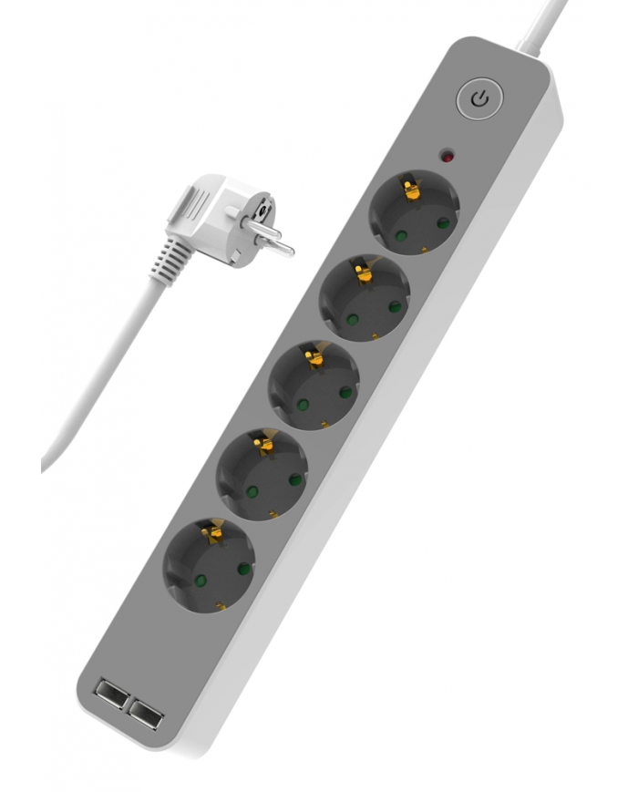 POWERTECH πολύπριζο ασφαλείας  5x schuko/2x USB, 16A, 1.4m, λευκό