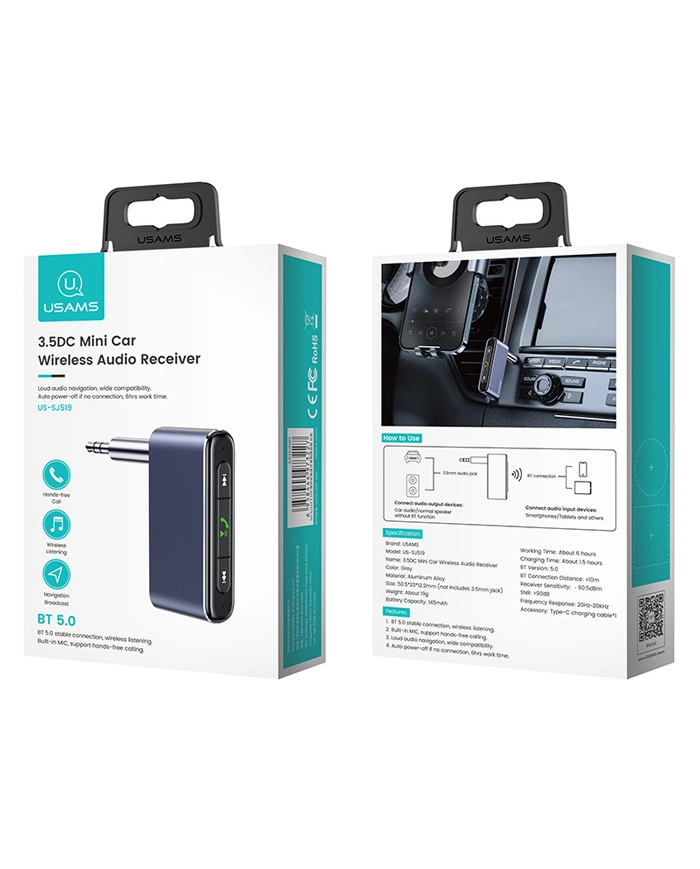 USAMS ασύρματο audio receiver  με μικρόφωνο, Bluetooth 5.0, γκρι