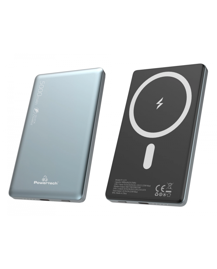 POWERTECH power bank PT-1171, 5000mAh, magnetic wireless, 15W, γκρι