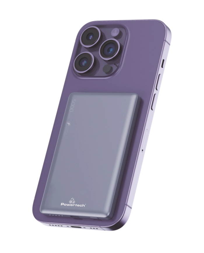 POWERTECH power bank PT-1171, 5000mAh, magnetic wireless, 15W, γκρι