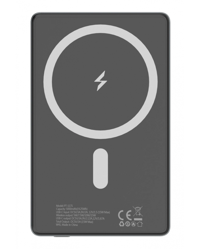 POWERTECH power bank PT-1171, 5000mAh, magnetic wireless, 15W, γκρι