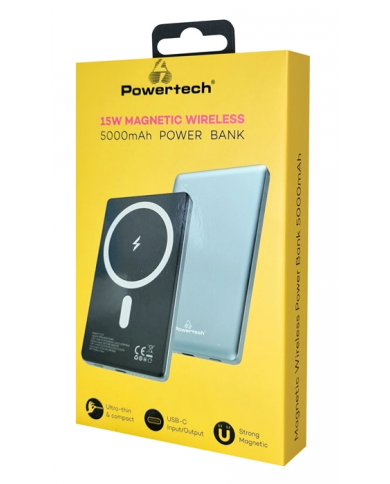 POWERTECH power bank PT-1171, 5000mAh, magnetic wireless, 15W, γκρι POWERTECH power bank PT-1171, 5000mAh, magnetic wireless, 15W, γκρι